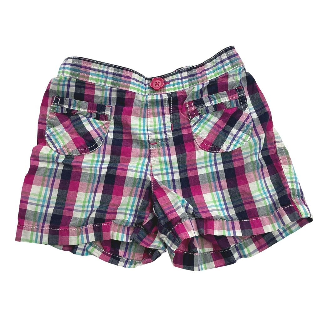 Jumping Bean Pink Plaid Cotton Shorts Kids Size 6 Ruffle Pockets Elastic Waist